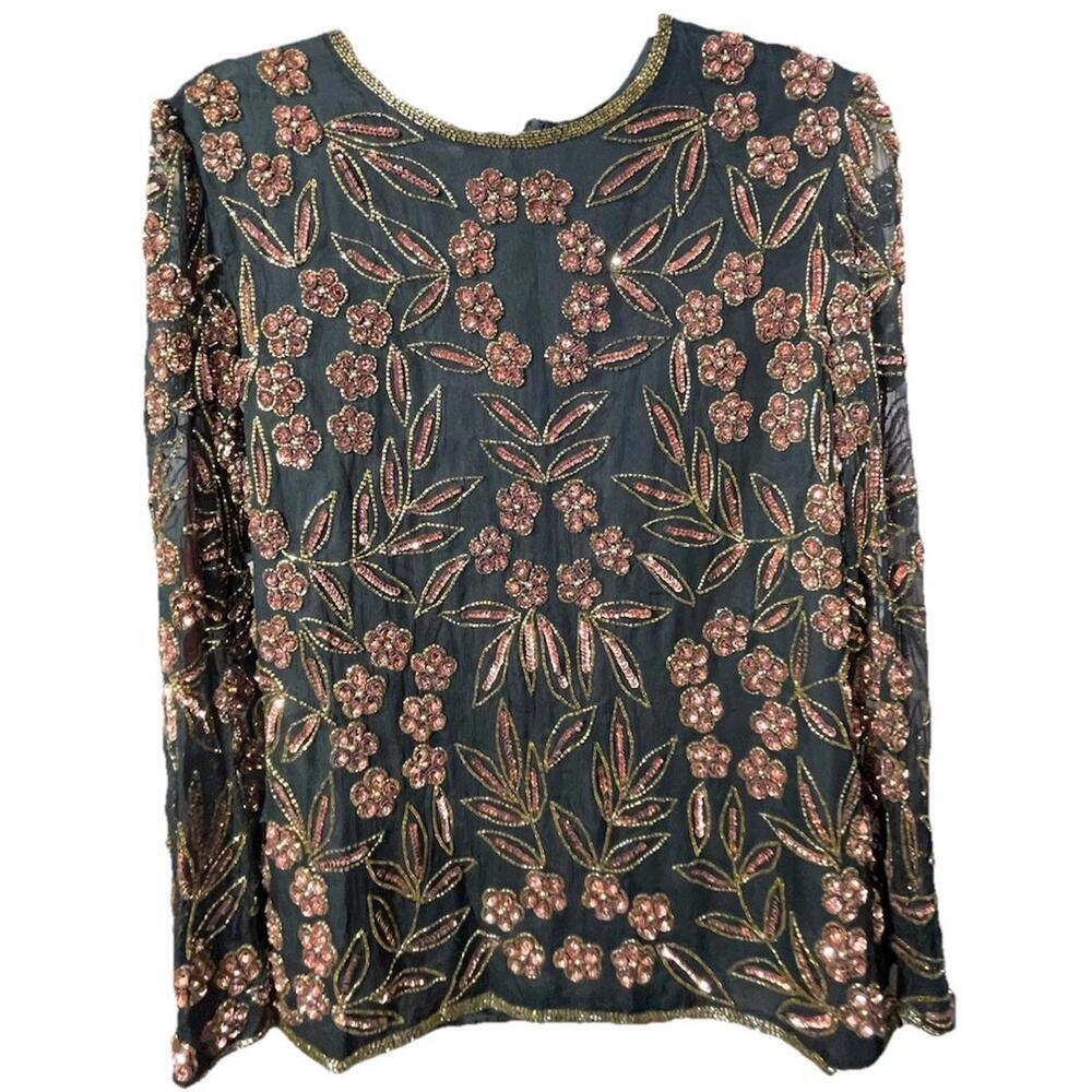 VTG STENAY Black 100% Silk Evening Cocktail Formal Top Gold Beads Pink Sequins M